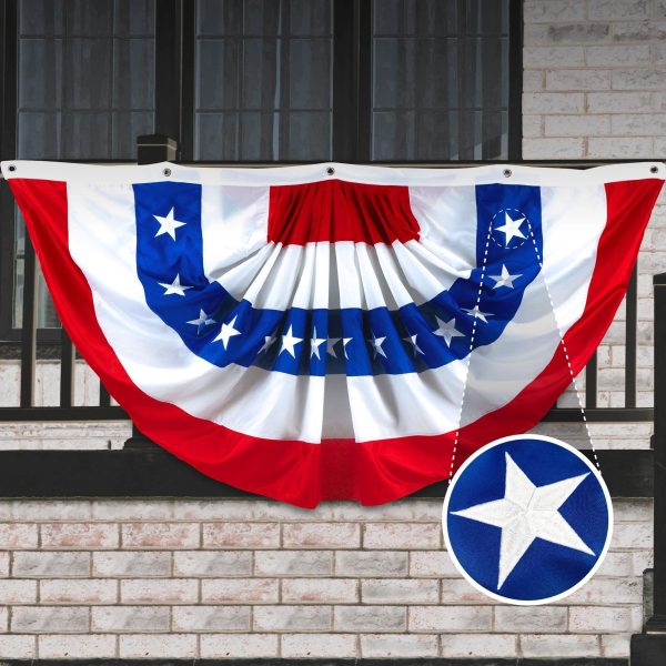 USA Pleated Fan Flag, 4x8 Feet American USA Bunting Decoration Flags Embroidered Patriotic Stars & Sewn Stripes Canvas Header Brass Grommets