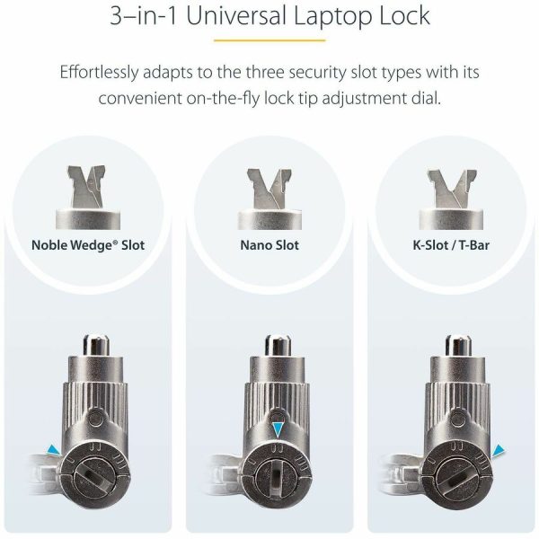 StarTech.com 3-in-1 Universal Laptop Lock 6.6ft, Master Keyed Locking Cable, Security Cable, Compatible w/Noble Wedge®/Nano/K-Slot - Image 2