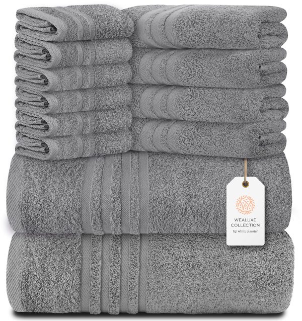 12 Piece Bath Towel Set for Bathroom   Wealuxe Collection 2 Bath Towels 4 Hand Towels 6 Washcloths 100% Cotton Soft and Plush Highly Absorbent Soft Towel for Hotel & Spa   Light Gray