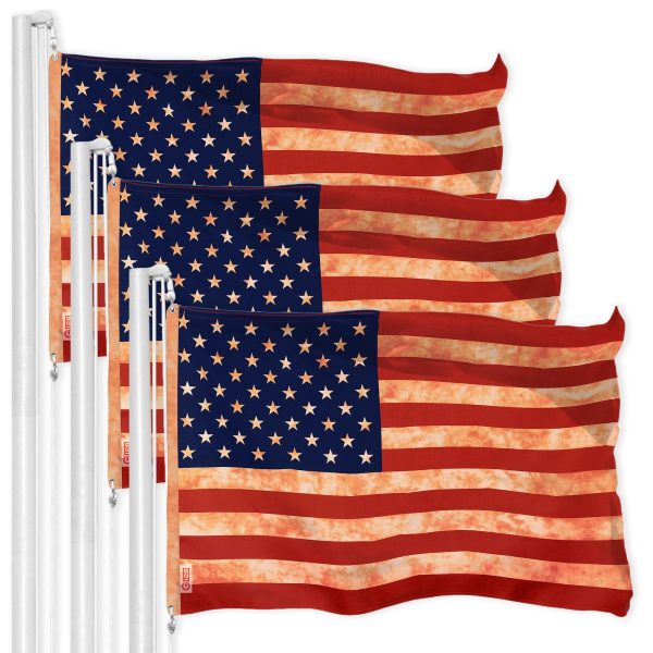 G128 3 Pack: American USA Tea-Stained Flag | 3x5 Ft | LiteWeave Pro Series Printed 300D Polyester | Indoor/Outdoor, Vibrant Colors, Brass Grommets, Thicker and More Durable Than 100D 75D Polyester