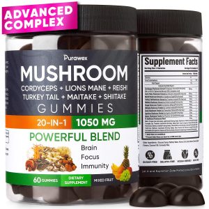 Purawex Mushroom Gummies, 20 in 1 Mushroom Complex 1050 MG, Cordyceps, Reishi, Turkey Tail, Maitake, Shiitake, Lion Mane Mushroom Supplement for Immune, Focus, Energy Support, Sugar Free, Vegan