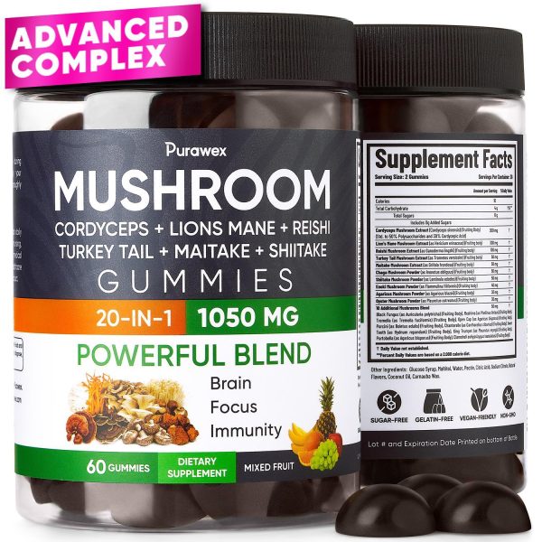 Purawex Mushroom Gummies, 20 in 1 Mushroom Complex 1050 MG, Cordyceps, Reishi, Turkey Tail, Maitake, Shiitake, Lion Mane Mushroom Supplement for Immune, Focus, Energy Support, Sugar Free, Vegan