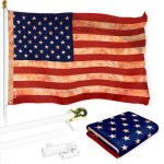 G128 Combo Pack: 6 Ft Tangle Free Aluminum Spinning Flagpole (White) & American USA Tea-Stained Flag 3x5 Ft, LiteWeave Pro Series Printed 300D Polyester | Pole with Flag Included