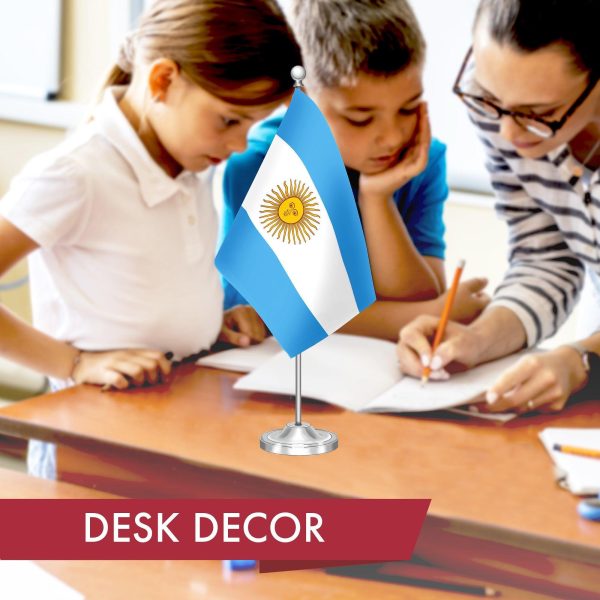 G128 Argentina Argentinian Deluxe Desk Flag Set | 8.5x5.5 In | Printed 300D Polyester, with Silver Dome and Base, 15" Metal Pole, Decorations For Office, Home and Festival Events Celebration - Image 5