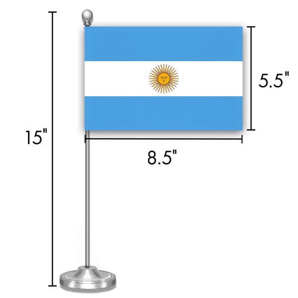 G128 Argentina Argentinian Deluxe Desk Flag Set | 8.5x5.5 In | Printed 300D Polyester, with Silver Dome and Base, 15" Metal Pole, Decorations For Office, Home and Festival Events Celebration - Image 7
