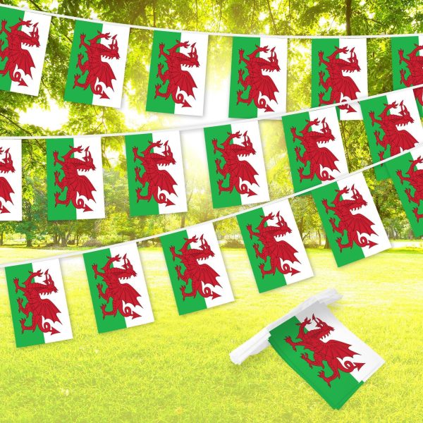 G128 Wales Welsh Bunting Banner | Flag 8.2 x 5.5 Inch, Full String 33 Feet | Printed 150D Polyester, Decorations For Bar, School, Festival Events Celebration