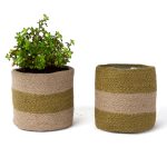 Jute Planter Basket Woven Jute Rope Covers for Decorating Indoor Outdoor Succulents Small Plant Pots Set of 2 Multi Purpose Storage Bins 4.5 Inches   Modern Style Décor   Olive & Natural