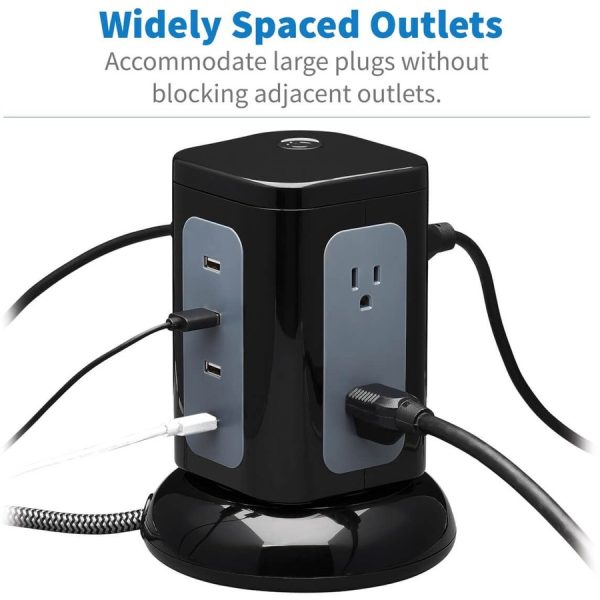 Eaton Tripp Lite Series 6-Outlet Surge Protector Tower, 3x USB-A, 1x USB-C, 8 ft. Cord, 5-15P Plug, 1800 Joules, Black - Image 3