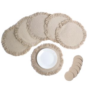 The Fine Living Co. Braided Cotton Placemats (Set of 6 15 Inches) with 6 Free Coasters Washable Anti Slip Heat Resistant Mats Boho Woven Round Table Mats for House Decor Kitchen and Dining