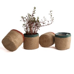 Jute Planter Basket Woven Jute Rope Covers for Decorating Indoor Outdoor Succulents Small Plant Pots Set of 4 Multi Purpose Storage Bins 4.5 in Modern Style Décor Red Green & Natural