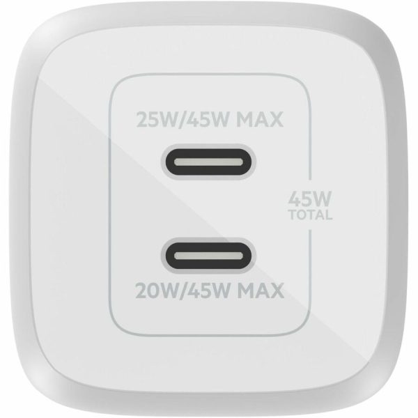 Belkin 45W Portable Dual Port GaN Wall Charger - 2xUSB-C (45W Total) - w/ USB-C to USB-C Cable - Fast Charging - Power Adapter - White - Image 3