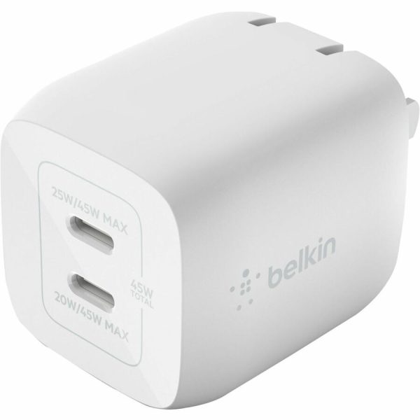 Belkin 45W Portable Dual Port GaN Wall Charger - 2xUSB-C (45W Total) - w/ USB-C to USB-C Cable - Fast Charging - Power Adapter - White - Image 4