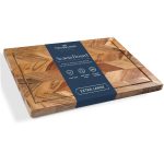 The Fine Living Co. Large Cutting Board Acacia Wood Meat Chopping Board Butcher Block with Juice Groove Chevron Chequered Style 1  Thick & Food grade Serving Board 16 x12