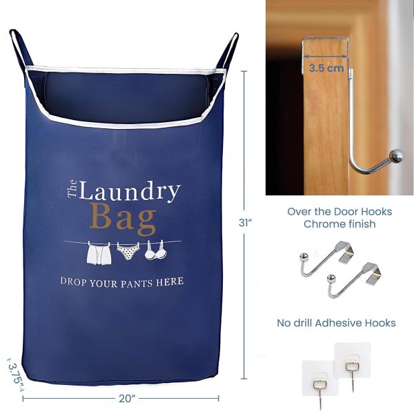 Fine Living Co. Large Hanging Laundry Hamper with Over Door Hooks & Adhesive Durable Space Saving Laundry Bag with Zipper and Wide Open Top Hanging Dorm Laundry Hamper (Navy Blue with Print XL) - Image 2