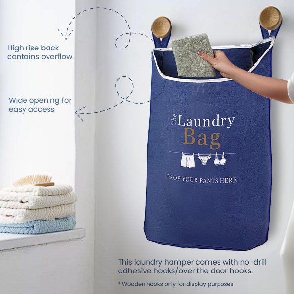 Fine Living Co. Large Hanging Laundry Hamper with Over Door Hooks & Adhesive Durable Space Saving Laundry Bag with Zipper and Wide Open Top Hanging Dorm Laundry Hamper (Navy Blue with Print XL) - Image 4