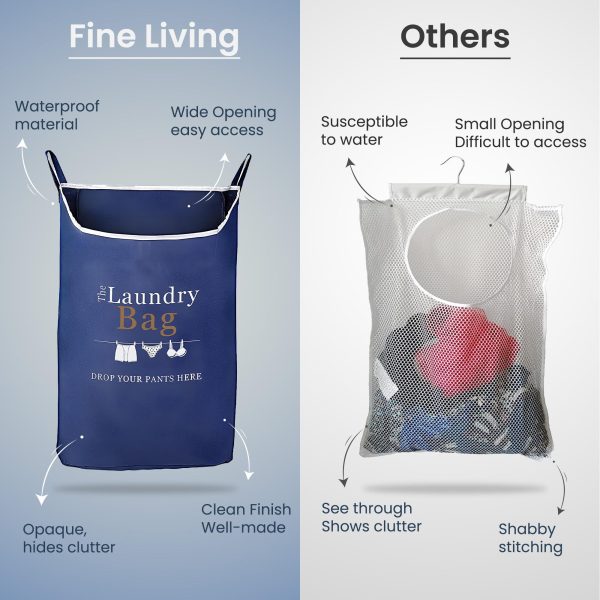 Fine Living Co. Large Hanging Laundry Hamper with Over Door Hooks & Adhesive Durable Space Saving Laundry Bag with Zipper and Wide Open Top Hanging Dorm Laundry Hamper (Navy Blue with Print XL) - Image 6