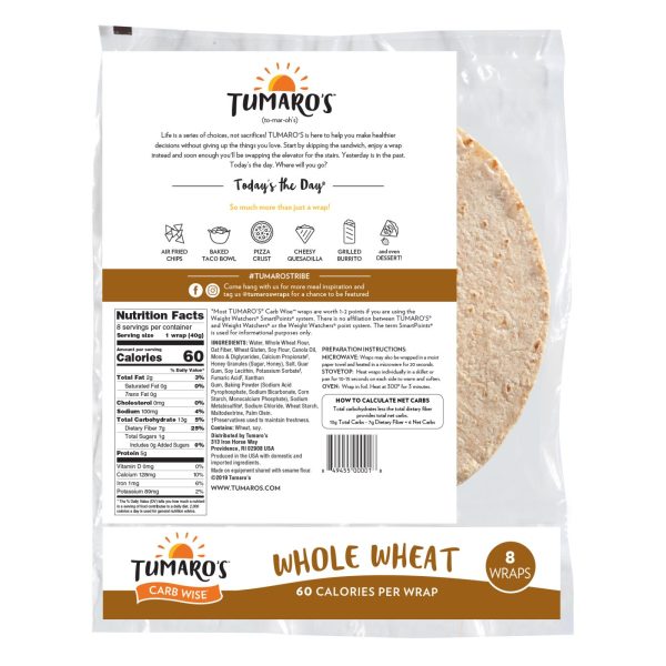 Tumaro'S 8-inch Whole Wheat Carb Wise Wraps - Case of 6 - 8 CT - Image 2