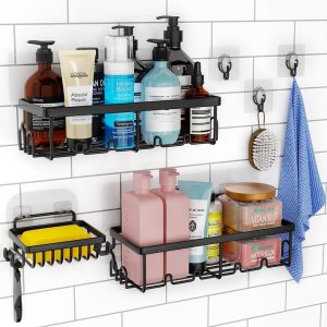 Hofnie Shower Caddy 3 Pack Shower Organizer with 20 Hooks 3 Adhesive Hooks Large CapacityStainless Steel Black Shower Shelves No Drilling Easy Installation Shower Shelf for Inside Shower