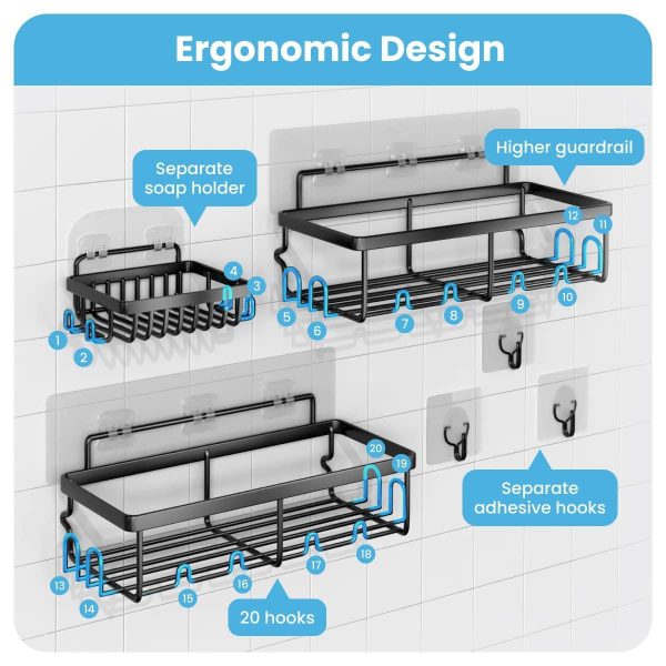 Hofnie Shower Caddy 3 Pack Shower Organizer with 20 Hooks 3 Adhesive Hooks Large CapacityStainless Steel Black Shower Shelves No Drilling Easy Installation Shower Shelf for Inside Shower - Image 2