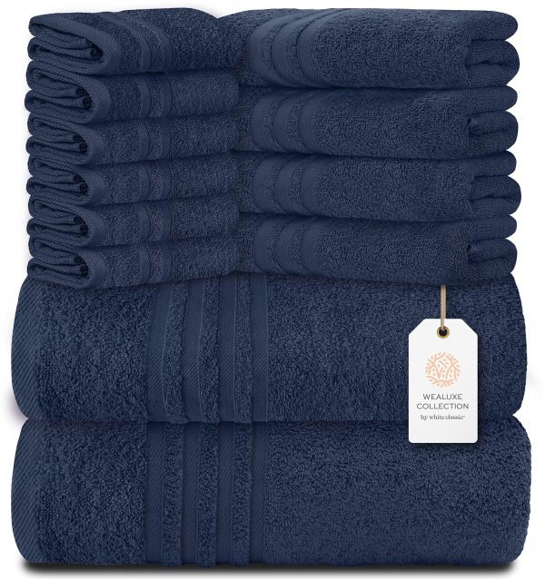 12 Piece Bath Towel Set for Bathroom   Wealuxe Collection 2 Bath Towels 4 Hand Towels 6 Washcloths 100% Cotton Soft and Plush Highly Absorbent Soft Towel for Hotel & Spa   Navy