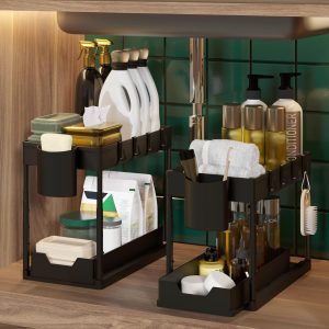 EPSY Under Sink Organizers and Storage 2 Pack   Adjustable Height 2 Tier Bathroom Organizer Under Sink with Sliding Drawers 2 Cups 4 Hooks Highly Capacious Under Kitchen Sink Organizer Black