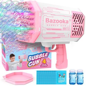 Bubble Machine Blaster Pink Bubble Gun for Kids Adults Automatic Bubble Machine Gun with 69 Holes LED Lights 5000 Bubbles per Minute Funny Toy Bubble Blaster Gun for Outdoor Activity