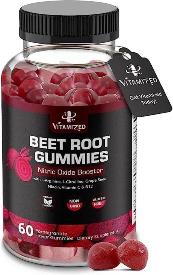 Beet Root Gummies   Super Nitric Oxide Beets Supplement   Red Beetroot Heart Chews with Grape Seed Power & B12  Pomegranate Flavor 60 Chewables Beets
