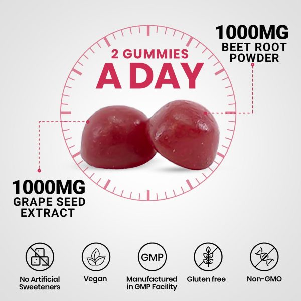 Beet Root Gummies   Super Nitric Oxide Beets Supplement   Red Beetroot Heart Chews with Grape Seed Power & B12  Pomegranate Flavor 60 Chewables Beets - Image 3