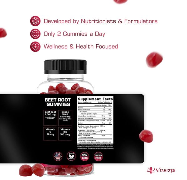 Beet Root Gummies   Super Nitric Oxide Beets Supplement   Red Beetroot Heart Chews with Grape Seed Power & B12  Pomegranate Flavor 60 Chewables Beets - Image 4