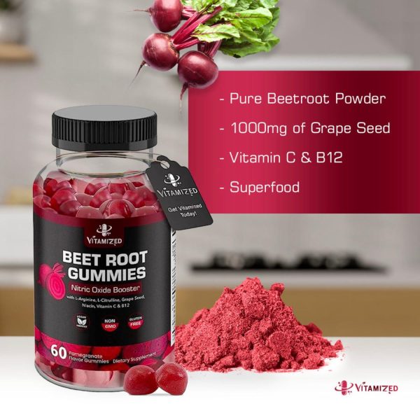 Beet Root Gummies   Super Nitric Oxide Beets Supplement   Red Beetroot Heart Chews with Grape Seed Power & B12  Pomegranate Flavor 60 Chewables Beets - Image 5