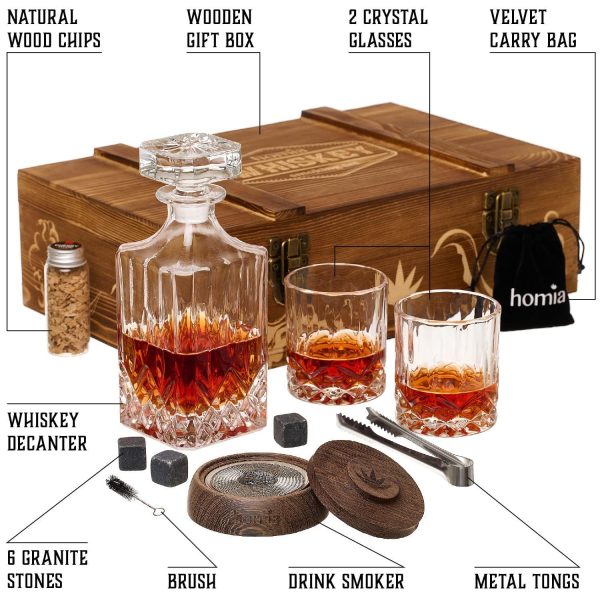 Whiskey Gift Set 14 pcs  Whiskey Bottle and Old Fashioned Glasses  2 pcs Cocktail Smoker in Wodden Box with Wood Chips Whickey Stones 6 pcs Included  Gift for Men (Torch Not Included) - Image 2