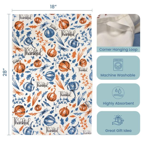Set of 2 Thankful & Grateful Printed Dish Towels Hand Towels Boho Tea Towels   Multifunctional Stylish Absorbent Quick Dry Soft 18  x28  100% Cotton Blue & Orange - Image 5