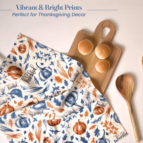 Set of 2 Thankful & Grateful Printed Dish Towels Hand Towels Boho Tea Towels   Multifunctional Stylish Absorbent Quick Dry Soft 18  x28  100% Cotton Blue & Orange - Image 6