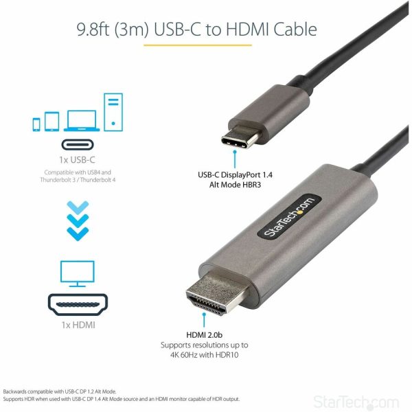 StarTech.com 10ft (3m) USB C to HDMI Cable 4K 60Hz with HDR10, Ultra HD USB Type-C to HDMI 2.0b Video Adapter Cable, DP 1.4 Alt Mode HBR3 - Image 5
