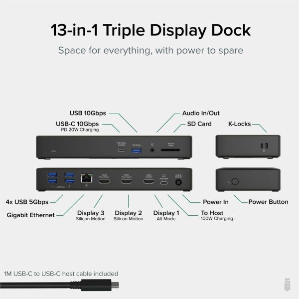 Plugable 13-in-1 USB-C Triple Monitor Laptop Docking Station with 100W Charging, 20W USB-C Charging - 3x HDMI - Image 2