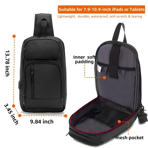 KINGSLONG 14 16 inch Sling Bag for MenBlack Crossbody Bag with USB Charging Port Fits 10.2inch iPad Casual Daypack - Image 3