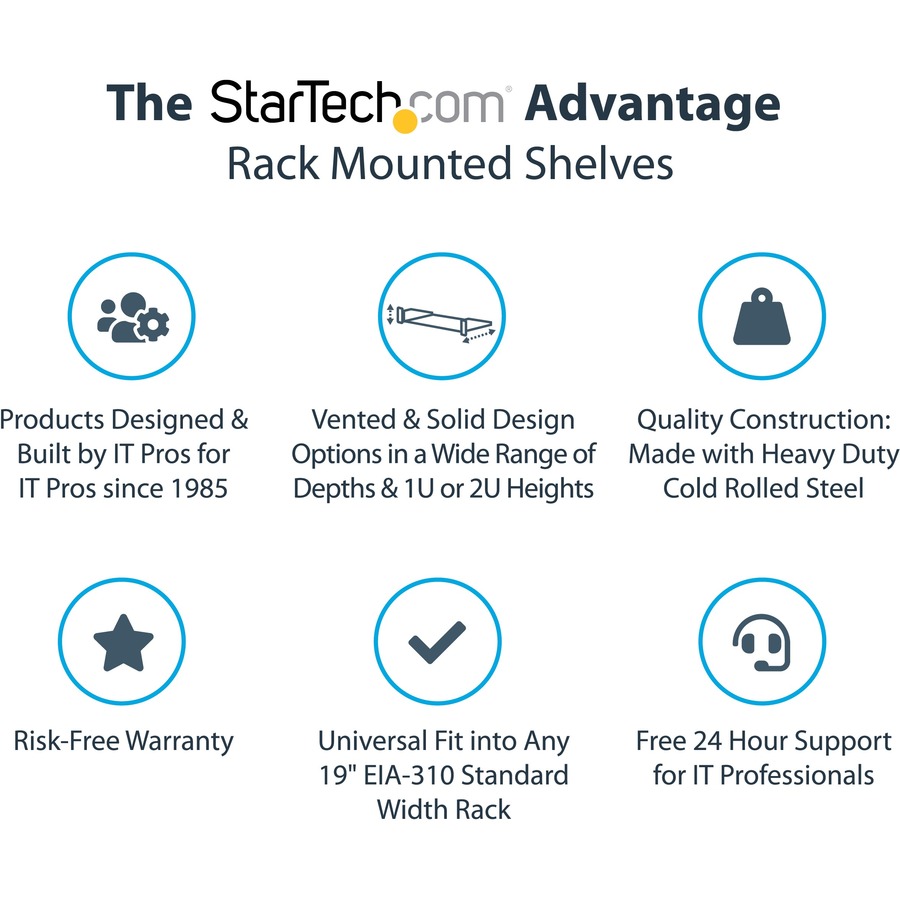 StarTech.com 1U Vented Server Rack Cabinet Shelf - Fixed 16" Deep Cantilever Rackmount Tray for 19" Data/AV/Network Enclosure w/Cage Nuts - Image 2