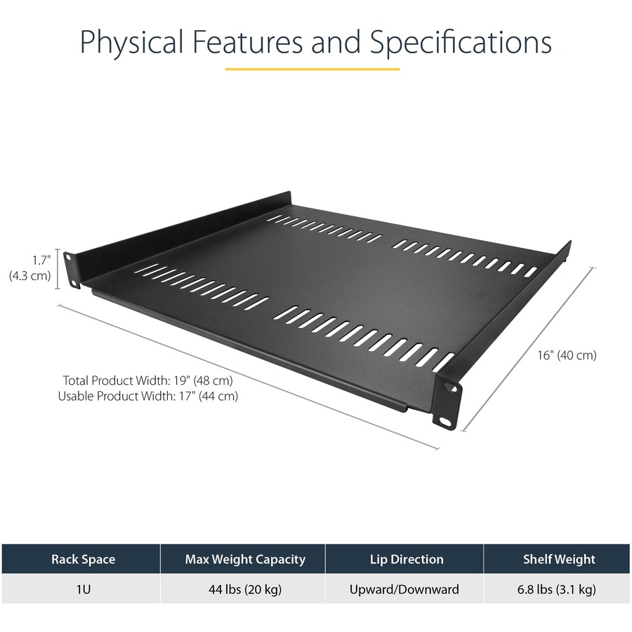StarTech.com 1U Vented Server Rack Cabinet Shelf - Fixed 16" Deep Cantilever Rackmount Tray for 19" Data/AV/Network Enclosure w/Cage Nuts - Image 3