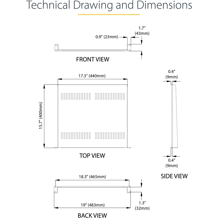 StarTech.com 1U Vented Server Rack Cabinet Shelf - Fixed 16" Deep Cantilever Rackmount Tray for 19" Data/AV/Network Enclosure w/Cage Nuts - Image 9