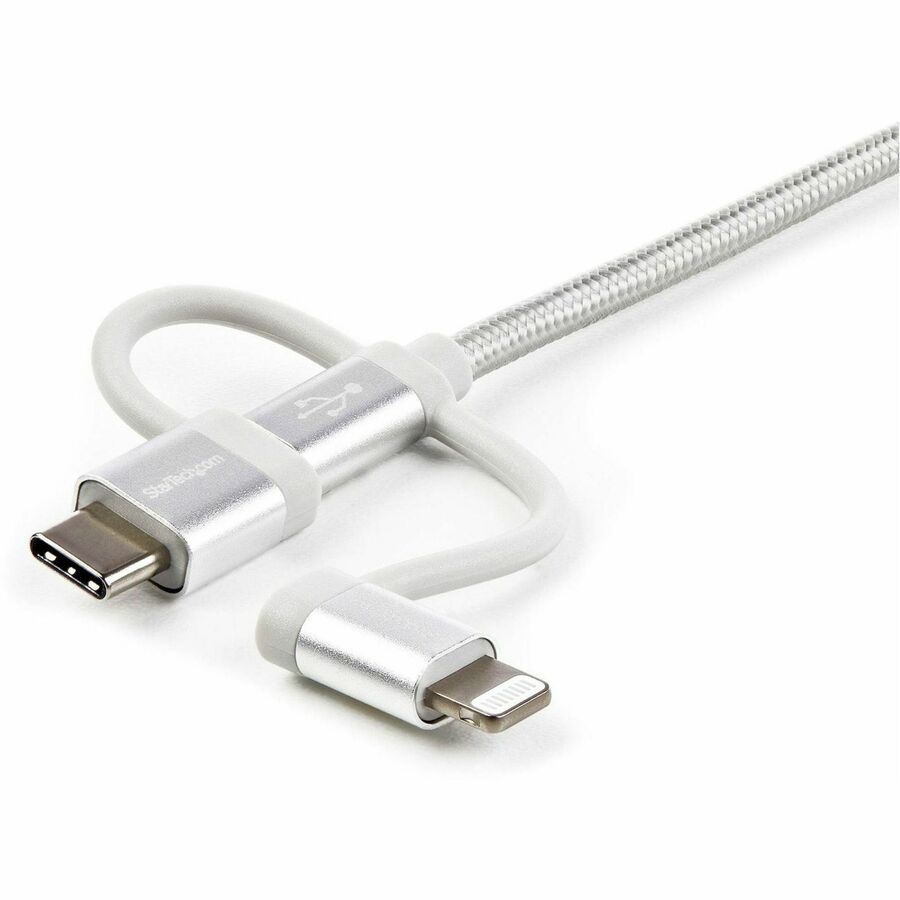StarTech.com 1m USB Multi Charging Cable - Braided - Apple MFi Certified - USB 2.0 - Charge 1x device at a time - For USB-C or Lightning devices attach the corresponding connector of the cable to the Micro-USB connector and plug into your device - For Micro-USB devices plug the middle connector into your device - Image 3