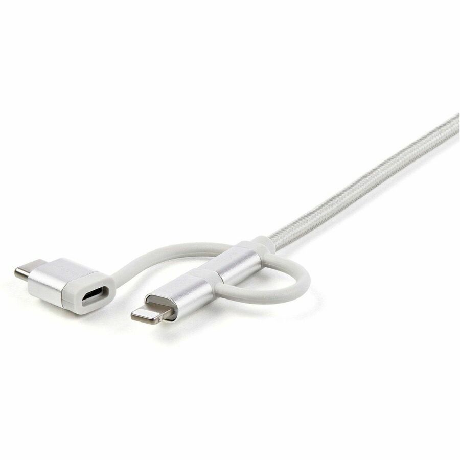 StarTech.com 1m USB Multi Charging Cable - Braided - Apple MFi Certified - USB 2.0 - Charge 1x device at a time - For USB-C or Lightning devices attach the corresponding connector of the cable to the Micro-USB connector and plug into your device - For Micro-USB devices plug the middle connector into your device - Image 4