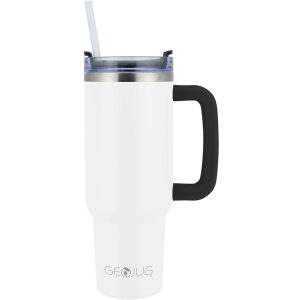 Brentwood Geojug CMB-1200CRM 40-Oz. Insulated Stainless Steel Tumbler Cup with Handle, Lid, and Straw, Black (Cream)