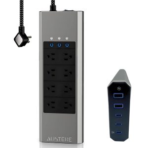 Austere 7S-PS8-US1 AC Outlet and 5-OmniPort USB+PD-Port 4,000-Joules VII Series Power A/V Surge Protector Power Strip, 6-Ft. WovenArmor Cord (8 Outlet)