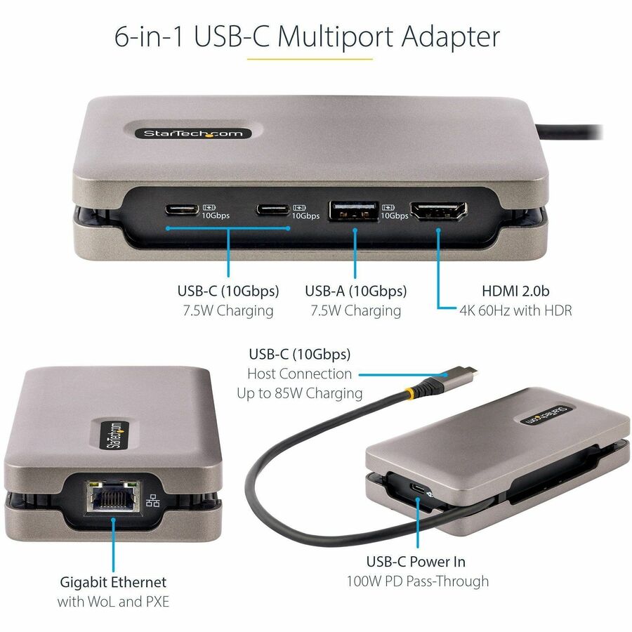 StarTech.com USB-C Multiport Adapter, 4K 60Hz HDMI (HDR), USB 3.2 Gen 2 10Gbps Hub (2xUSB-C/1xUSB-A), 100W PD Pass-Through, GbE, Mini Dock - Image 2