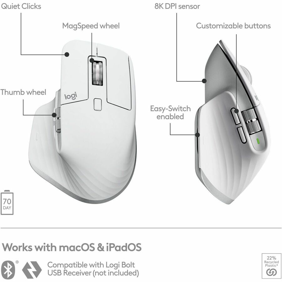 Logitech MX Master 3S for Mac - Wireless Bluetooth Mouse with Ultra-fast Scrolling, Ergo, 8K DPI, Quiet Clicks, Pale Gray - Image 6