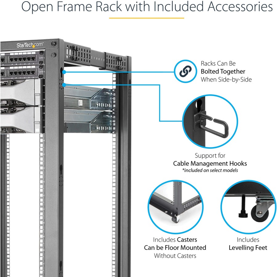 StarTech.com 4-Post 25U Mobile Open Frame Server Rack, 19in Network Rack with Casters, Rolling Rack for Computer/AV/Data/IT Equipment - Image 6