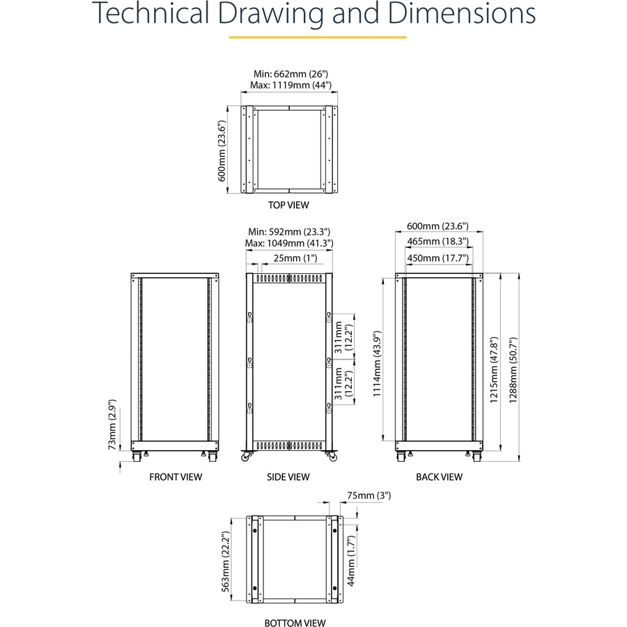 StarTech.com 4-Post 25U Mobile Open Frame Server Rack, 19in Network Rack with Casters, Rolling Rack for Computer/AV/Data/IT Equipment - Image 7