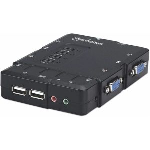 Manhattan KVM Switch Compact 4-Port, 4x USB-A, Cables included, Audio Support, Control 4x computers from one pc/mouse/screen, Black, Lifetime Warranty, Boxed