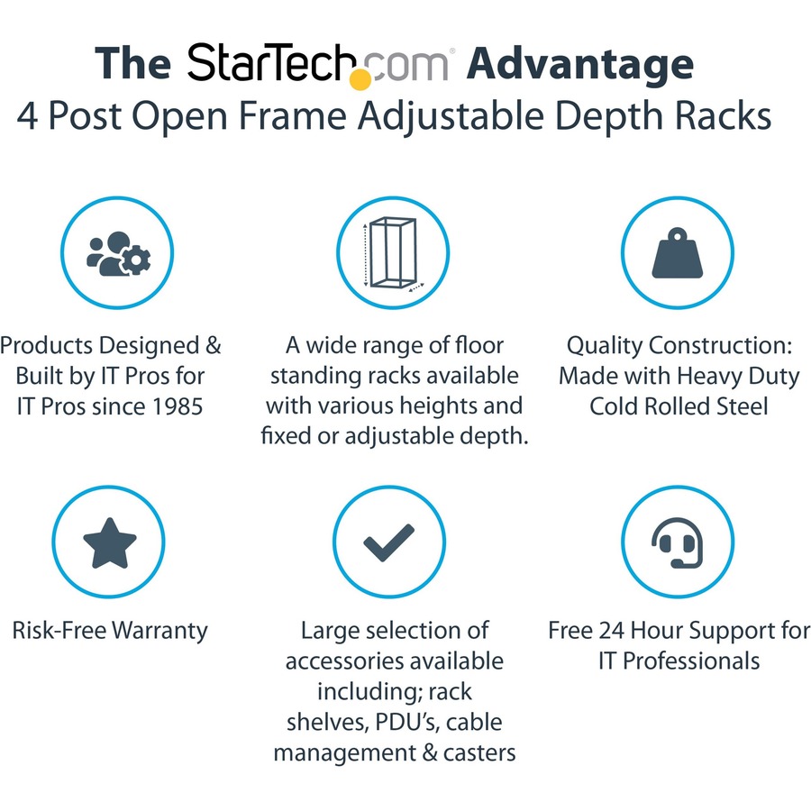 StarTech.com 4-Post 12U Mobile Open Frame Server Rack, 19" Network Rack with Casters, Rolling Rack for Computer/AV/Data/IT Equipment - Image 2