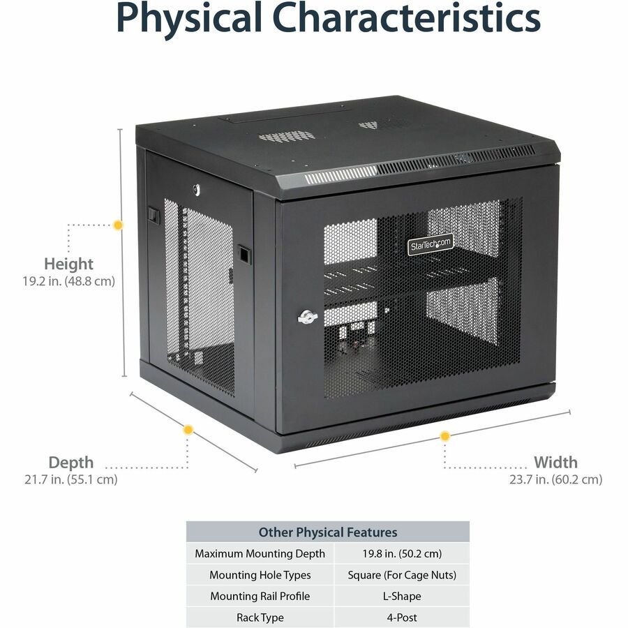 StarTech.com 4-Post 9U Wall Mount Network Cabinet, 19" Wall-Mounted Server Rack for Data / Computer Equipment, Small IT Rack Enclosure - Image 5